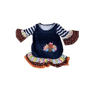 NWOT Boutique Girls Blue Turkey Thanksgiving Ruffle Dress 6-12M